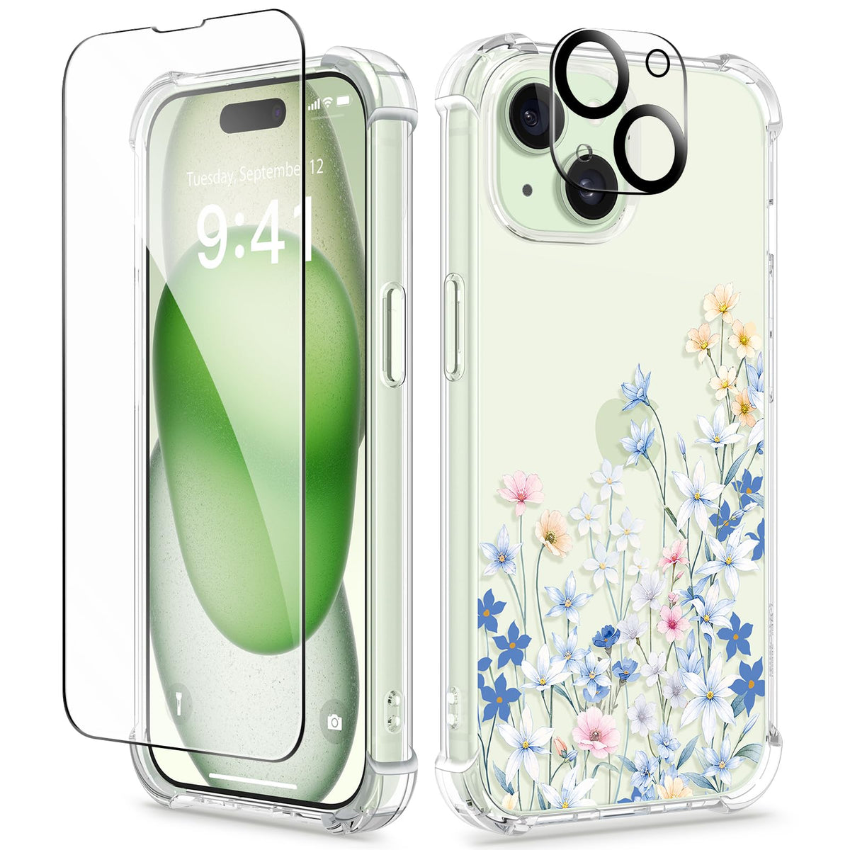 GVIEWIN for iPhone 14 Case Floral, Screen Protector & Camera Lens Protector