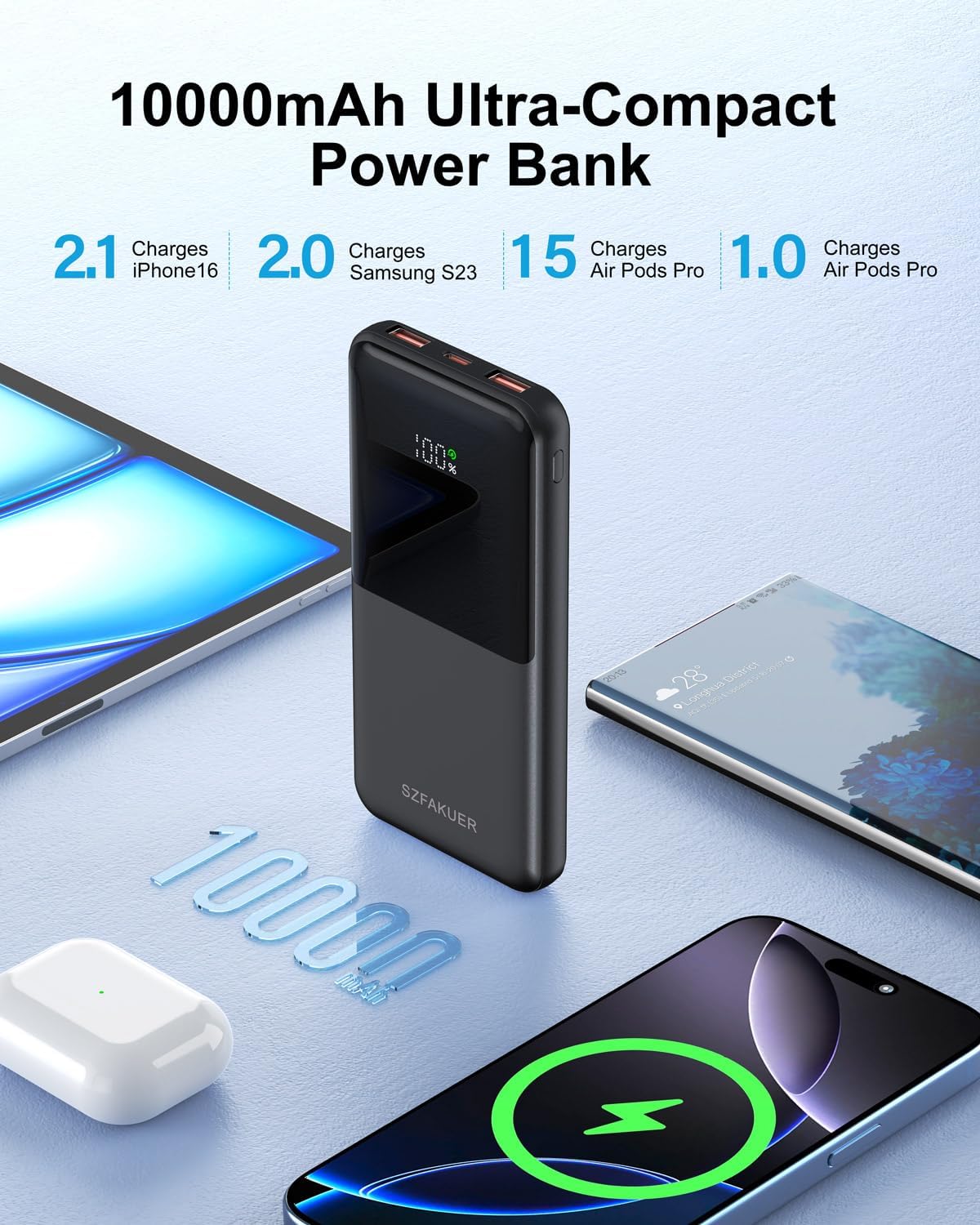 Portable Charger,Slim 10000mAh Power Bank,22.5W USB-C Fast Charging Battery Pack Compatible with iPhone 17/16/15/14/13/12 Pro Samsung Galaxy, iPad, AirPods, Android Tablets (Black)