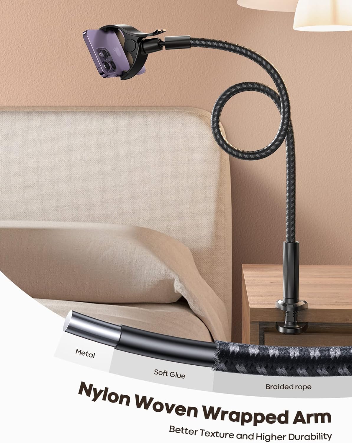 Lamicall Nylon Braided Gooseneck Phone Holder for Bed, 38" Overall Length
