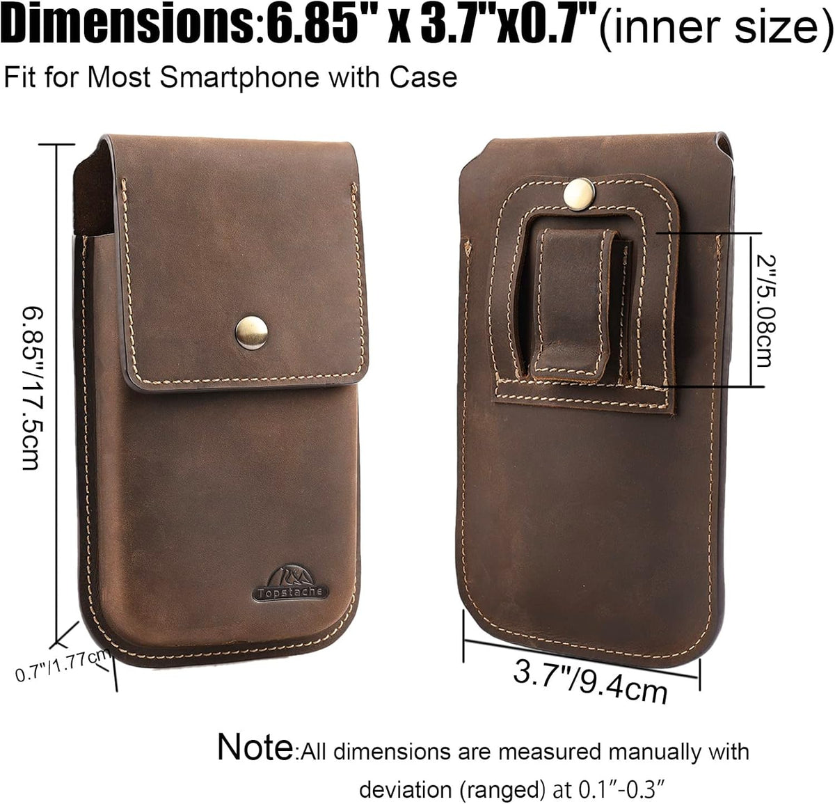 Topstache Leather Phone Holster for iPhone 17/16/15/14/13 Pro Max & Plus - Belt Clip Cell Phone Case for Galaxy S25/S24/S23 Ultra & Plus - Leather Belt Holder Pouch for Men, XL,Darkbrown