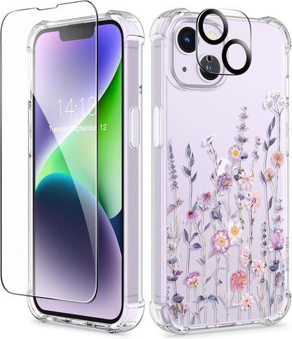 GVIEWIN for iPhone 14 Case Floral, Screen Protector & Camera Lens Protector