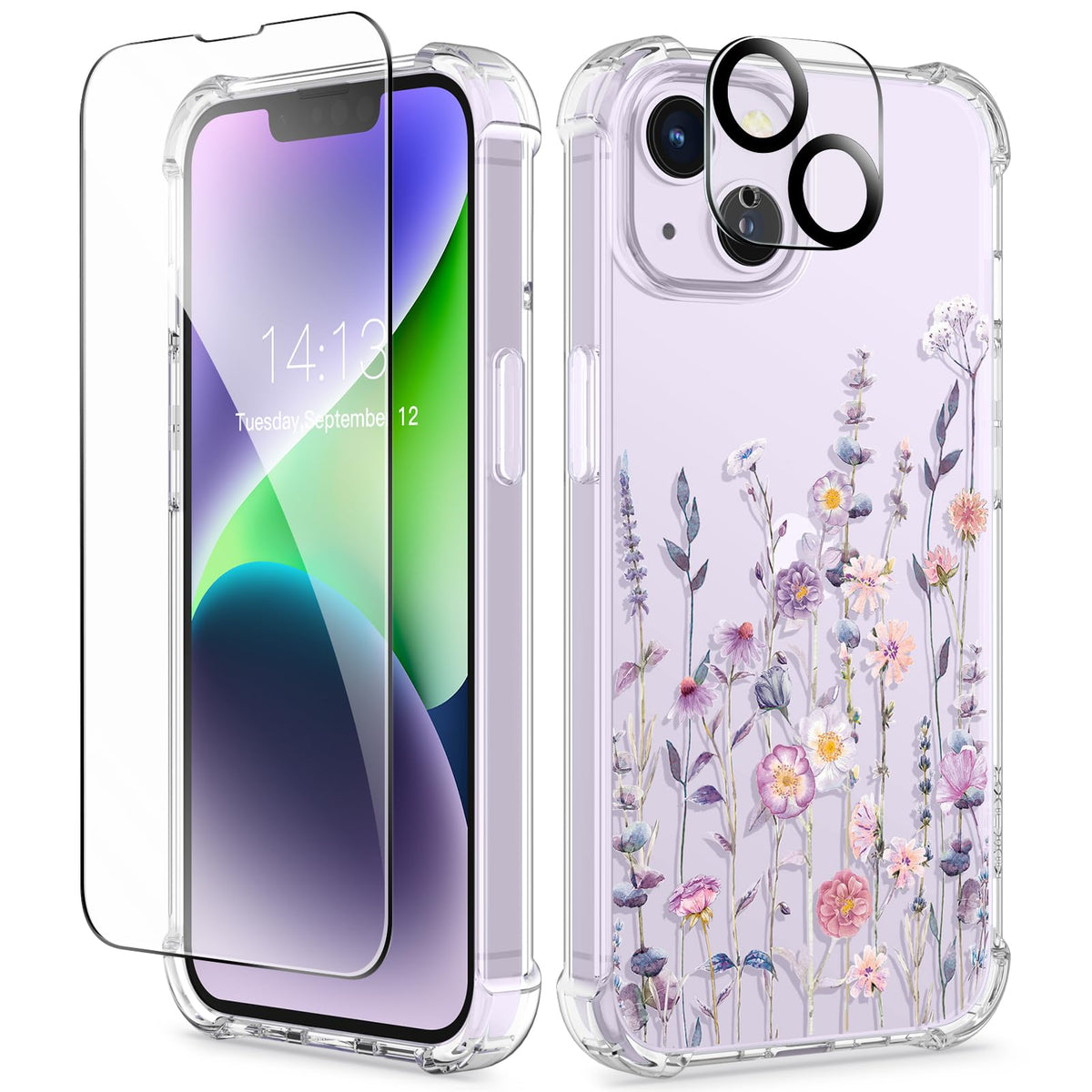 GVIEWIN for iPhone 14 Case Floral, Screen Protector & Camera Lens Protector