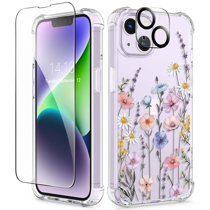 GVIEWIN for iPhone 14 Case Floral, Screen Protector & Camera Lens Protector