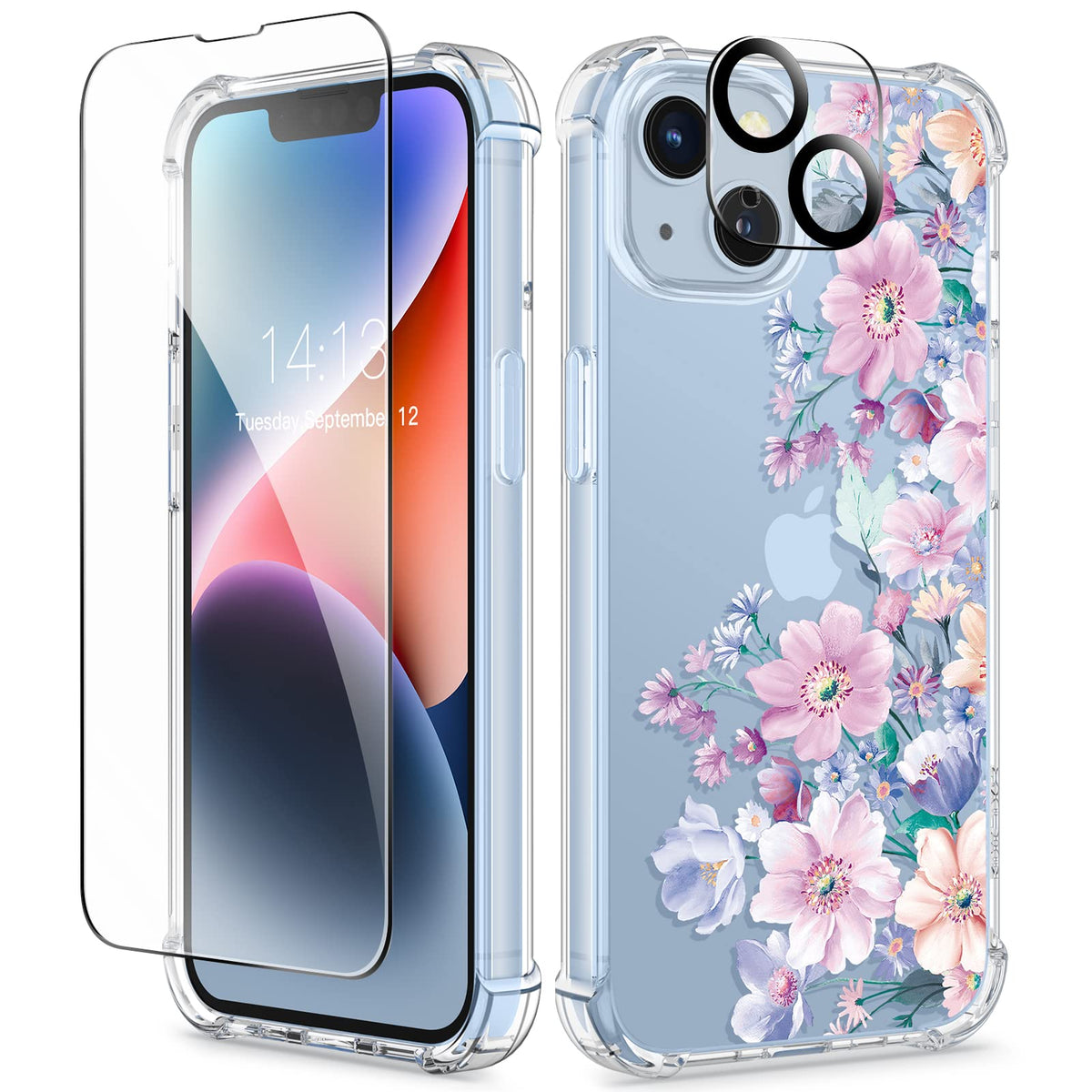 GVIEWIN for iPhone 14 Case Floral, Screen Protector & Camera Lens Protector