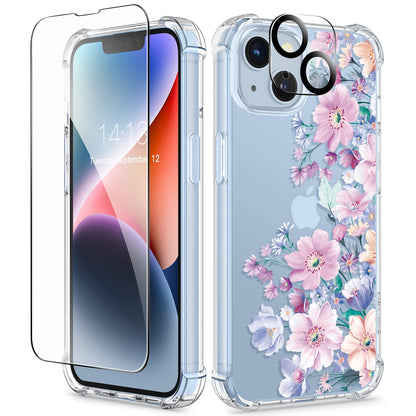 GVIEWIN for iPhone 14 Case Floral, Screen Protector & Camera Lens Protector