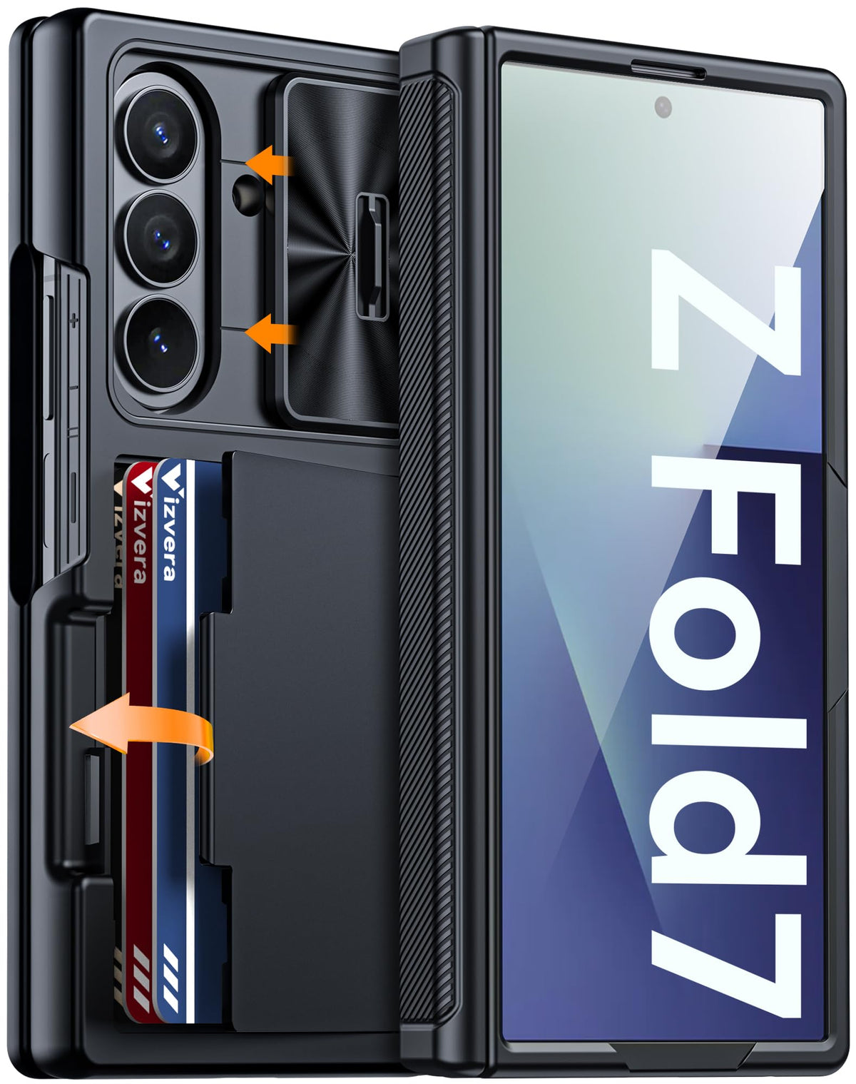 Vizvera for Samsung Galaxy Z Fold 7 Case RFID Wallet with Cards Holder [Hinge Cover] [Camera Cover] Shockproof Silicone Protective Phone Case for Z Fold 7 2025-Black