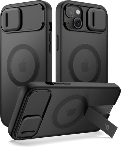 SURITCH for iPhone 15 Case, Compatible with MagSafe, Built-in Kickstand & Camera Cover & Translucent Back, Shockproof Rugged Protective Phone Cover 6.1 Inch, Black