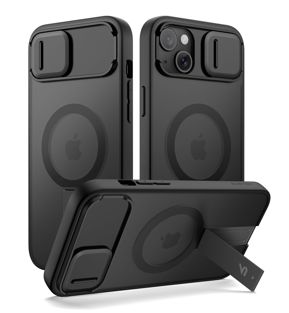 SURITCH for iPhone 15 Case, Compatible with MagSafe, Built-in Kickstand & Camera Cover & Translucent Back, Shockproof Rugged Protective Phone Cover 6.1 Inch, Black