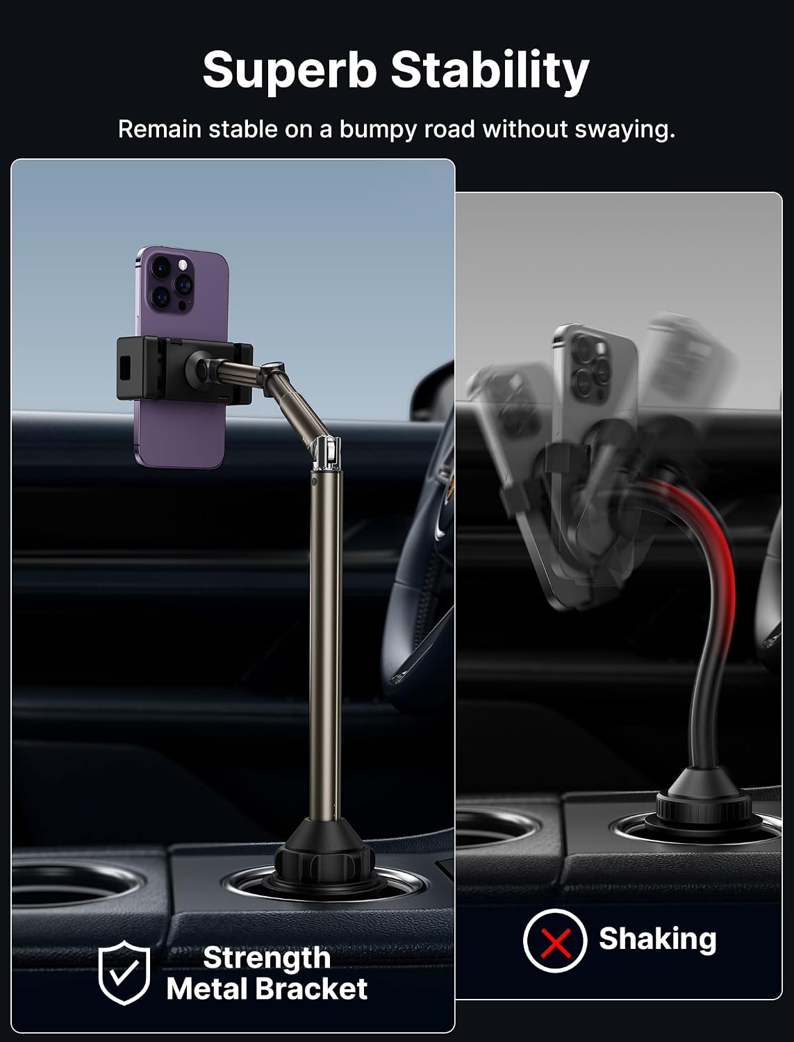 JSAUX Car Cup Holder Phone Mount, Metal Long Arm, Adjustable Base