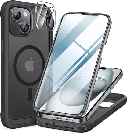 Miracase Magnetic for iPhone 15 Pro Max Case 6.7'' [Compatible with Magsafe] Full-Body Drop Proof Bumper Phone Case for iPhone 15 Pro Max with Built-in 9H Tempered Glass Screen Protector,Black