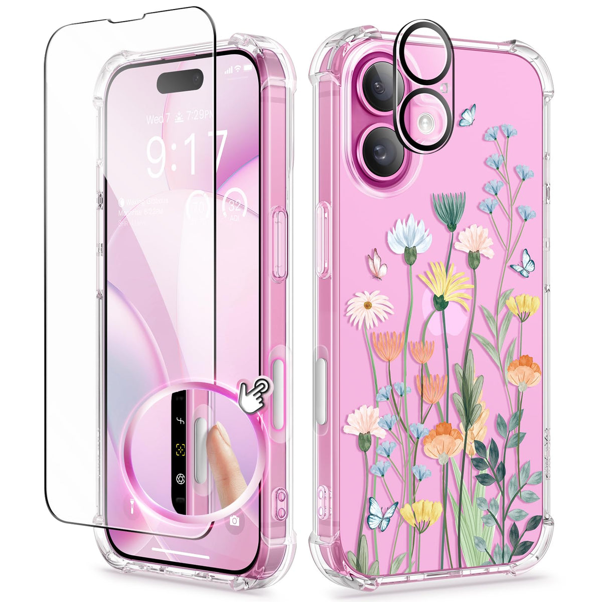 GVIEWIN for iPhone 14 Case Floral, Screen Protector & Camera Lens Protector