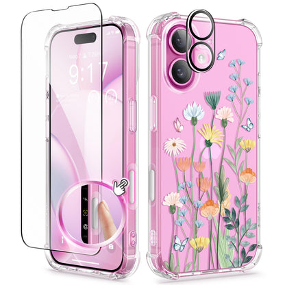 GVIEWIN for iPhone 14 Case Floral, Screen Protector & Camera Lens Protector