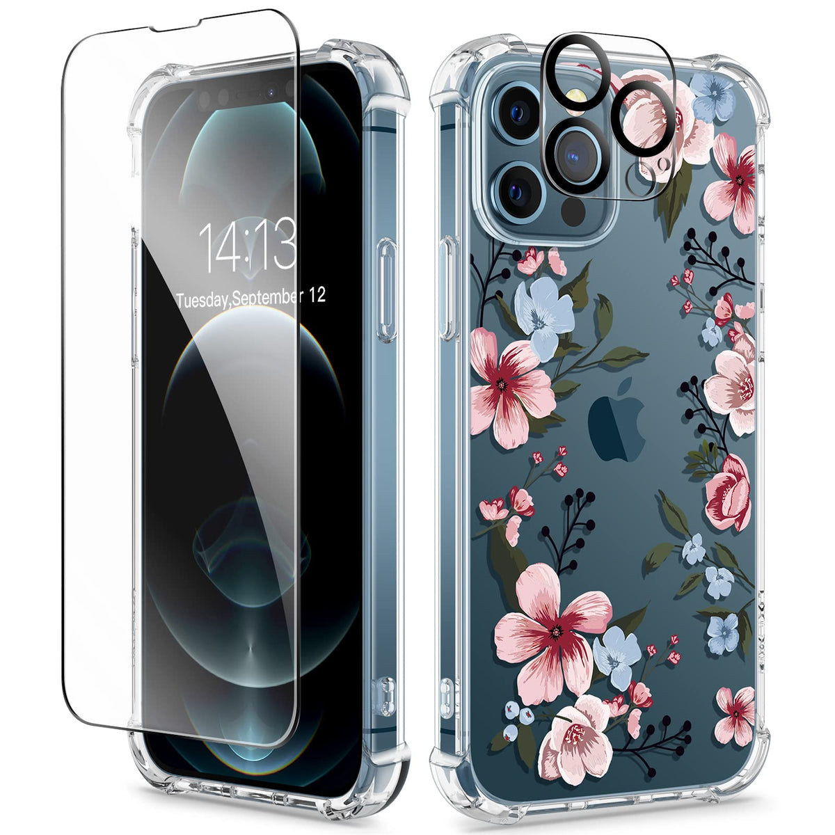 GVIEWIN for iPhone 14 Case Floral, Screen Protector & Camera Lens Protector