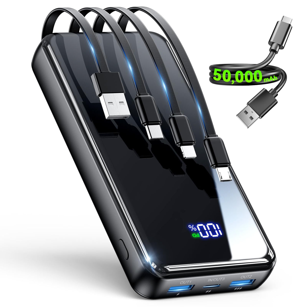 YILANS Portable Charger 50000mAh, 22.5W Power Bank with Built-in 4 Cables