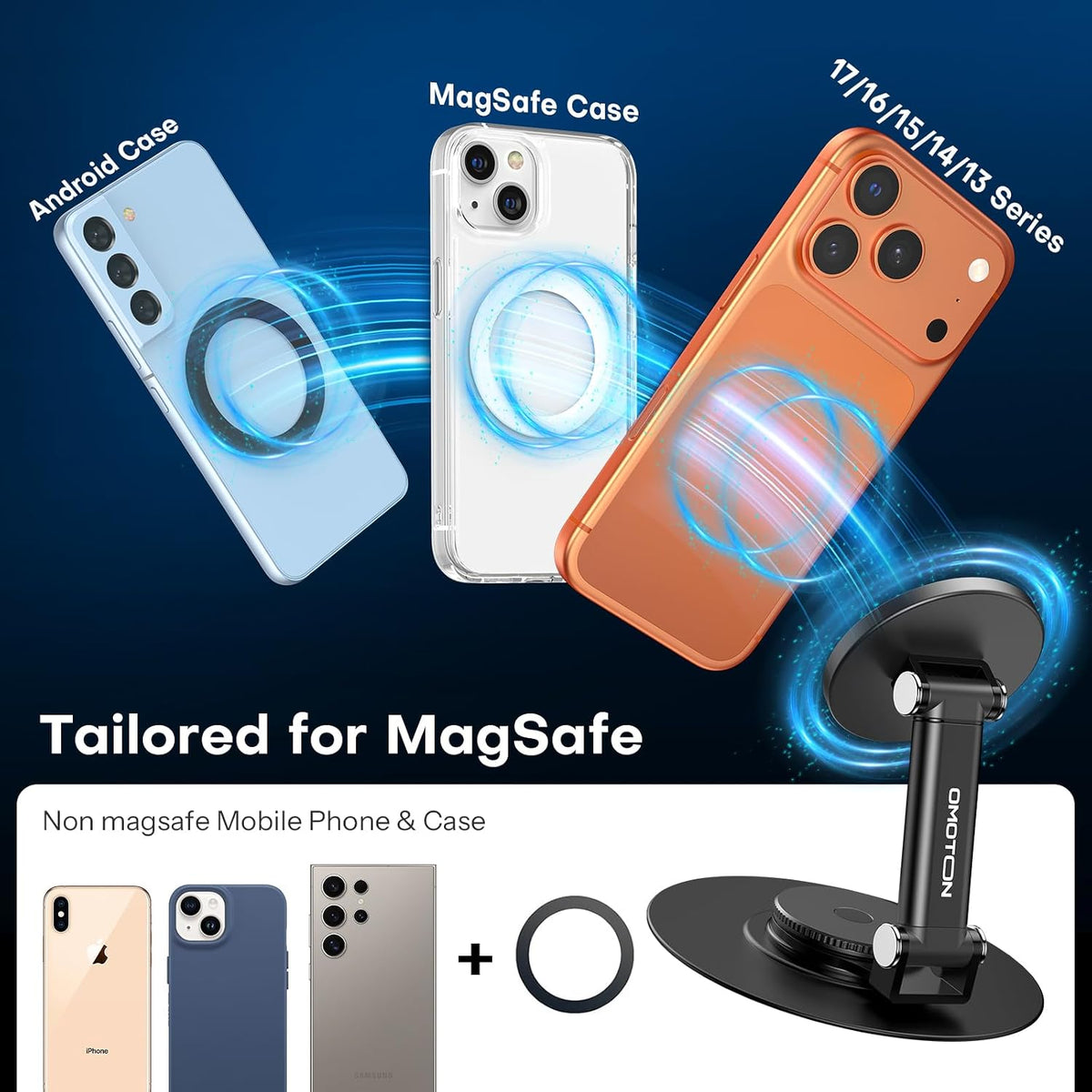 OMOTON MS05 [Height Adjustable] 360° Rotating Magnetic Phone Stand, Black