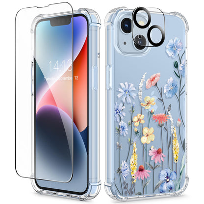 GVIEWIN for iPhone 14 Case Floral, Screen Protector & Camera Lens Protector