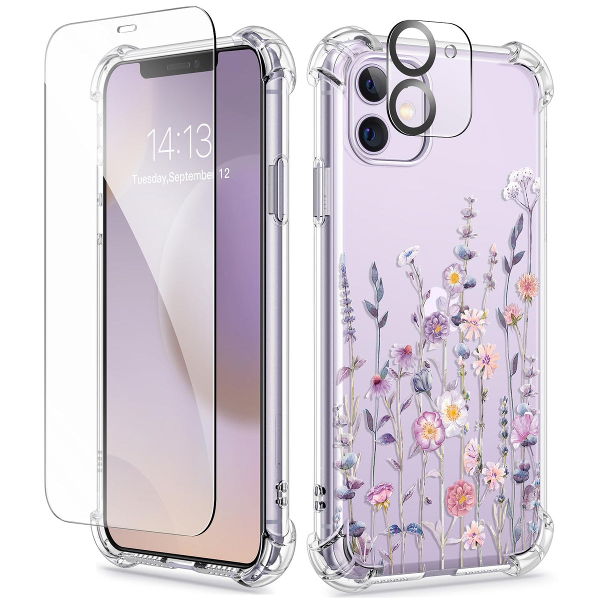 GVIEWIN for iPhone 14 Case Floral, Screen Protector & Camera Lens Protector