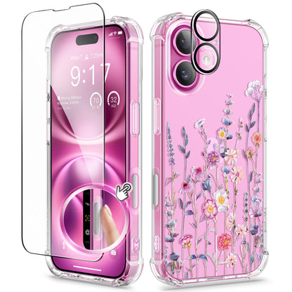 GVIEWIN for iPhone 14 Case Floral, Screen Protector & Camera Lens Protector