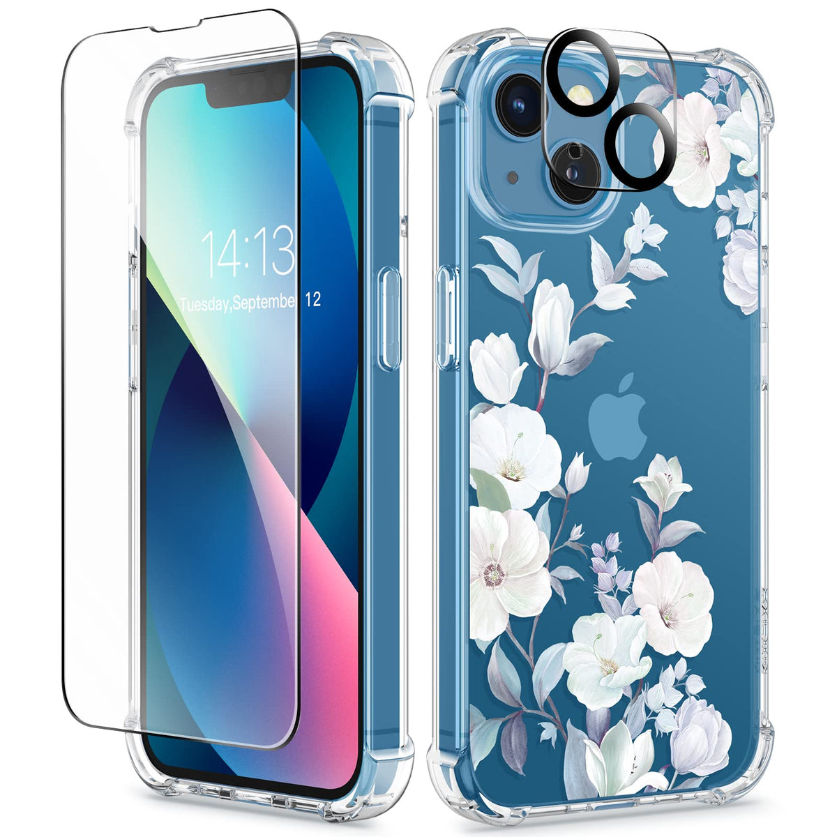 GVIEWIN for iPhone 14 Case Floral, Screen Protector & Camera Lens Protector