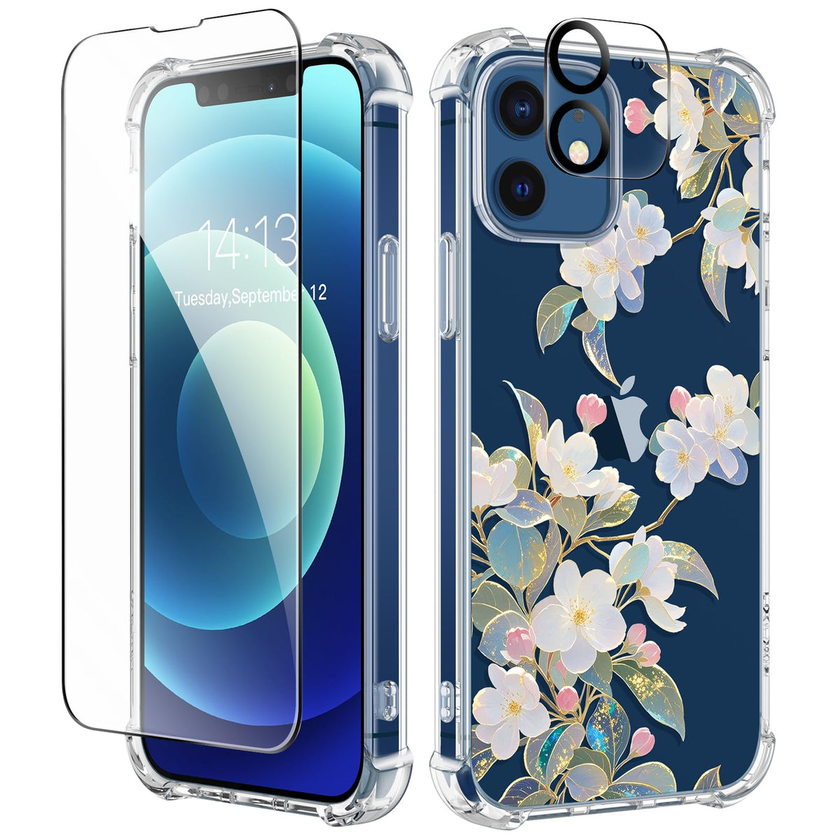 GVIEWIN for iPhone 14 Case Floral, Screen Protector & Camera Lens Protector
