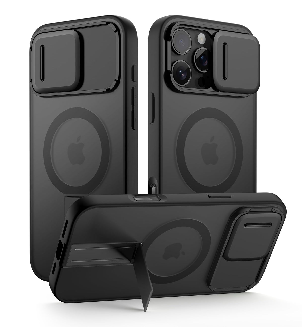 SURITCH for iPhone 15 Case, Compatible with MagSafe, Built-in Kickstand & Camera Cover & Translucent Back, Shockproof Rugged Protective Phone Cover 6.1 Inch, Black