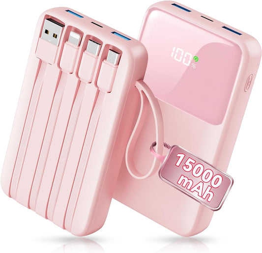 45% Smaller Portable Charger, 15000mAh Power Bank Built-in 4 Cables, Pink