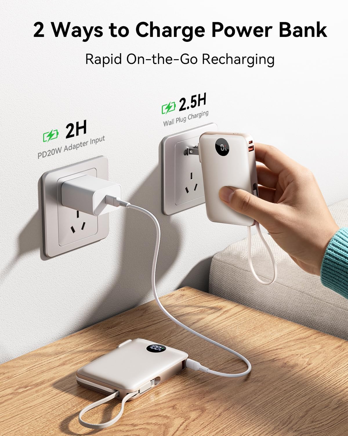 Portable Charger Power Bank 10000mAh, 45% Smaller Built-in Cables & AC Plug