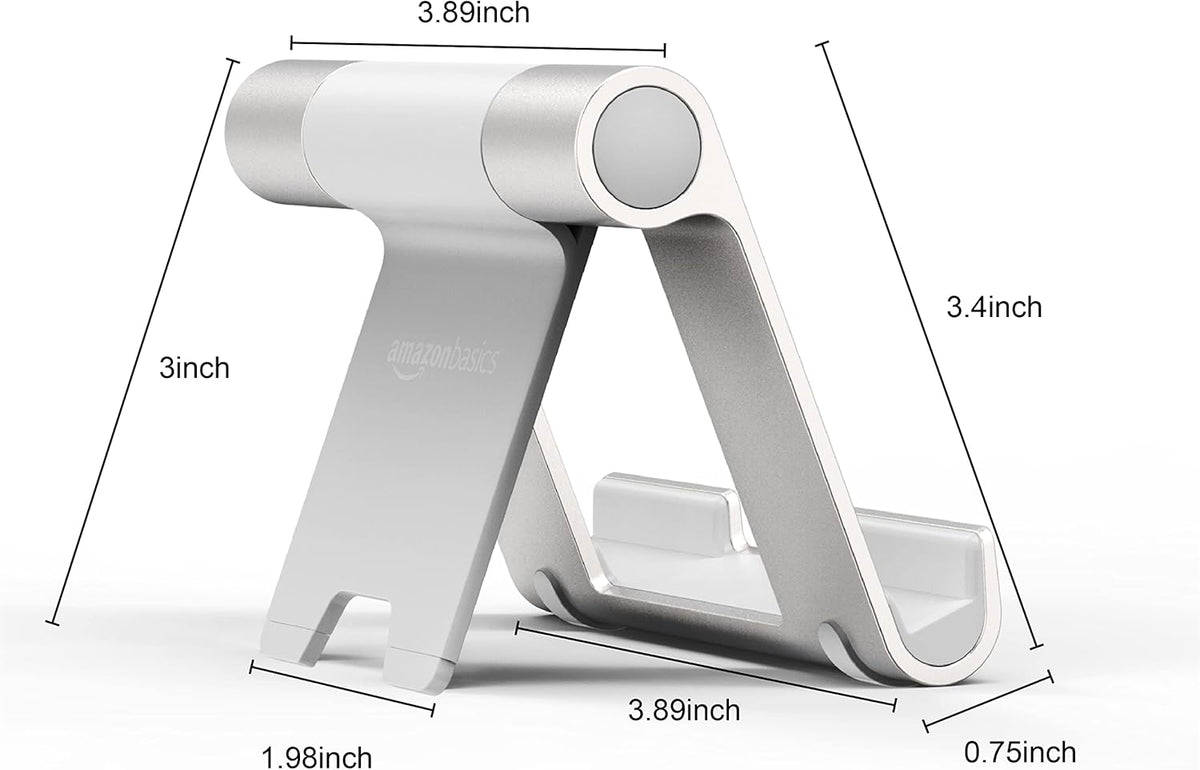 Amazon Basics Multi-Angle Portable Foldable Stand for Tablets, E-Readers and Phones, Non-Slip Desktop Holder for iPads, iPhones, Kindles, Hands-Free Viewing - Silver