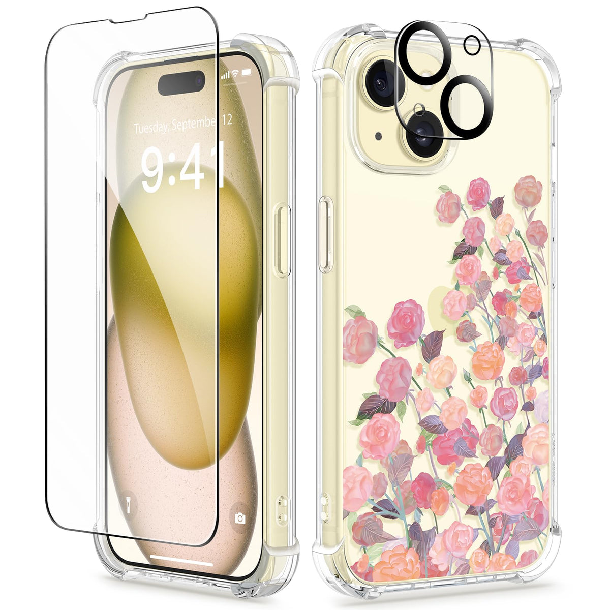 GVIEWIN for iPhone 14 Case Floral, Screen Protector & Camera Lens Protector