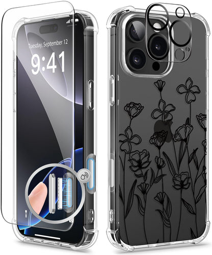 GVIEWIN for iPhone 14 Case Floral, Screen Protector & Camera Lens Protector