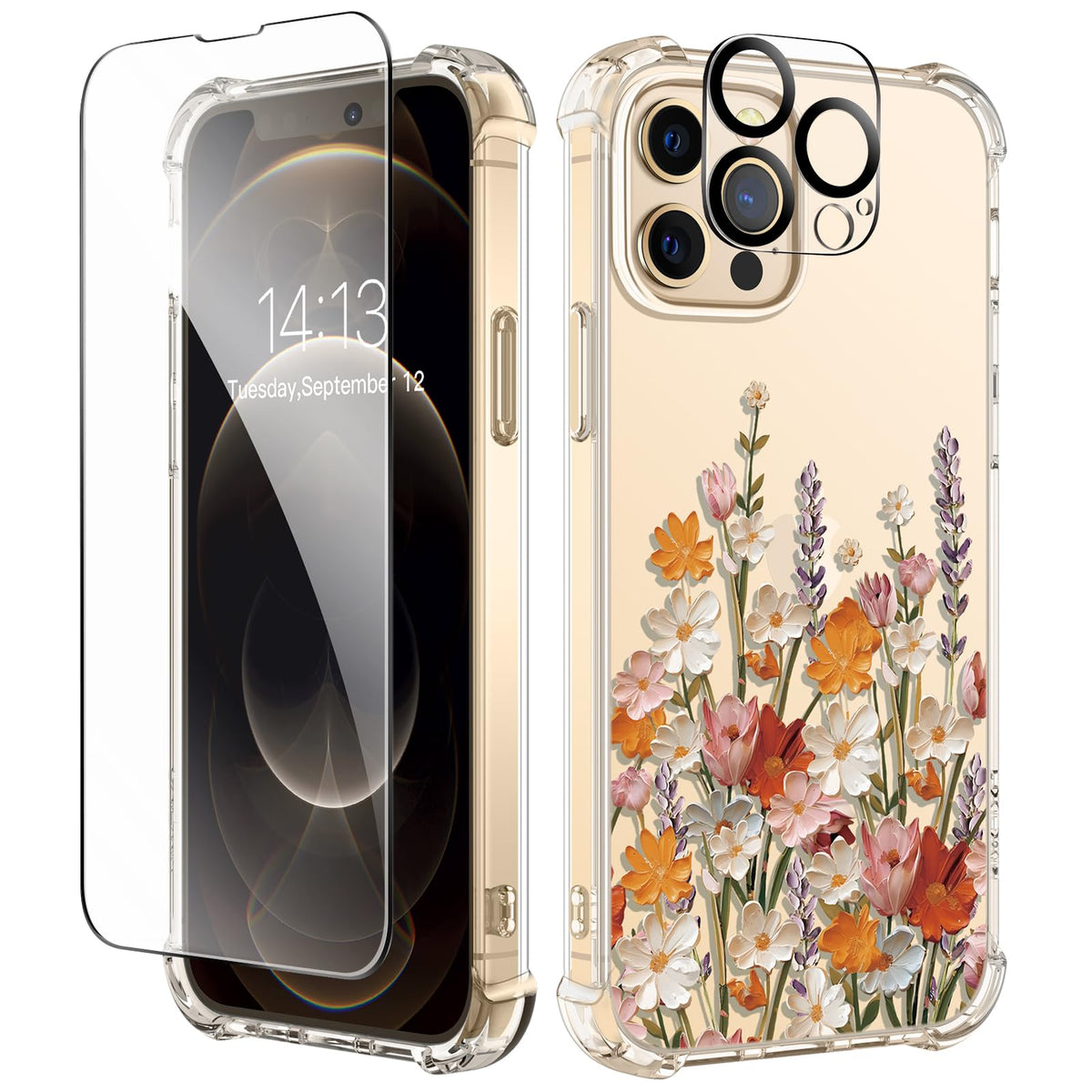 GVIEWIN for iPhone 14 Case Floral, Screen Protector & Camera Lens Protector