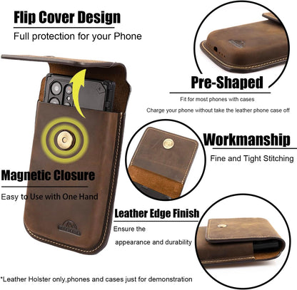 Topstache Leather Phone Holster for iPhone 17/16/15/14/13 Pro Max & Plus - Belt Clip Cell Phone Case for Galaxy S25/S24/S23 Ultra & Plus - Leather Belt Holder Pouch for Men, XL,Darkbrown