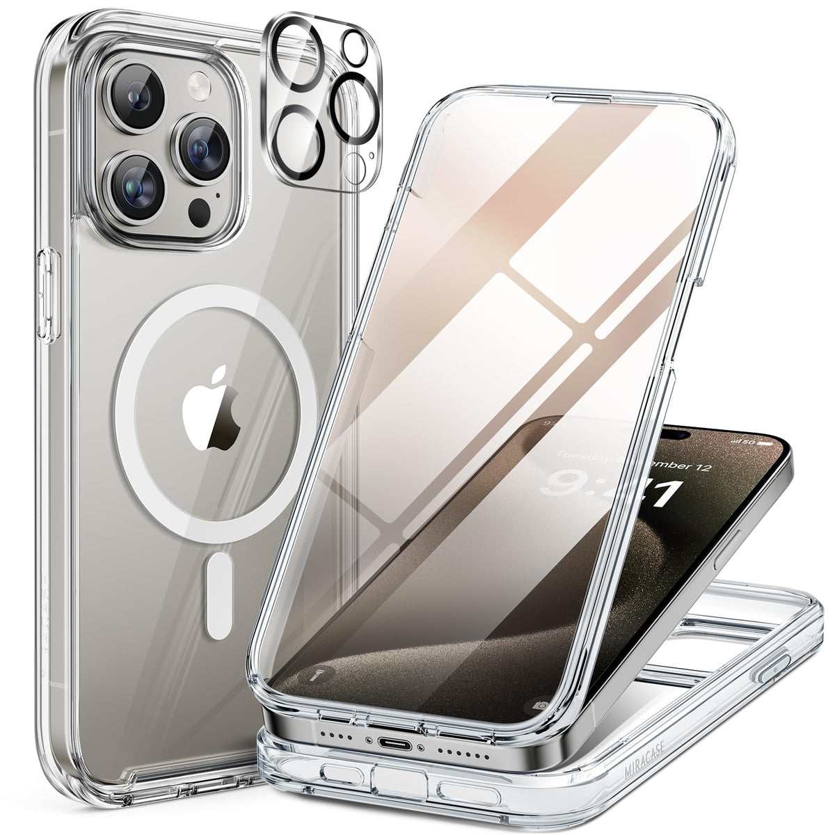 Miracase Magnetic for iPhone 15 Pro Max Case 6.7'' [Compatible with Magsafe] Full-Body Drop Proof Bumper Phone Case for iPhone 15 Pro Max with Built-in 9H Tempered Glass Screen Protector,Black