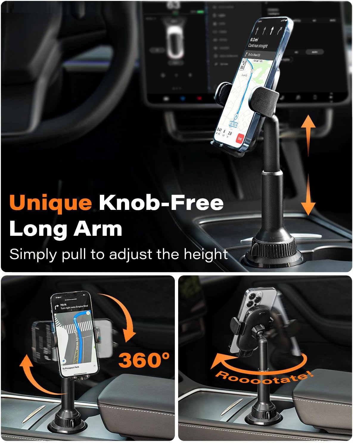 APPS2Car Universal Car Cup Phone Holder | Quick Extension Long Arm | 360° Swivel | Adjustable for iPhone, Samsung, Google, and All Smartphones | Stable & No Shake Design