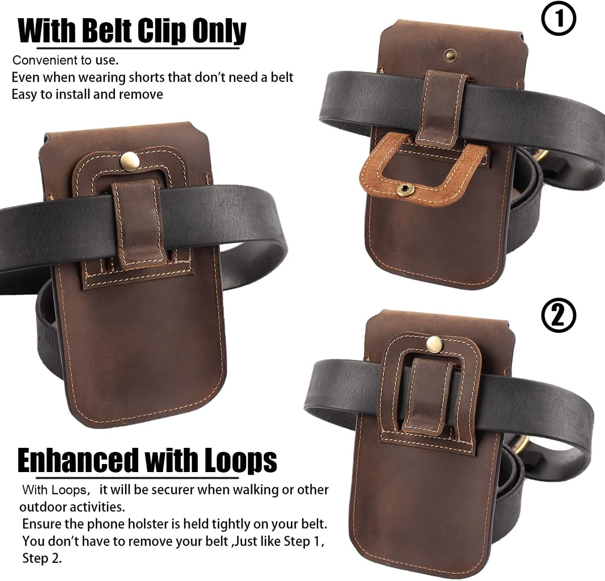 Topstache Leather Phone Holster for iPhone 17/16/15/14/13 Pro Max & Plus - Belt Clip Cell Phone Case for Galaxy S25/S24/S23 Ultra & Plus - Leather Belt Holder Pouch for Men, XL,Darkbrown