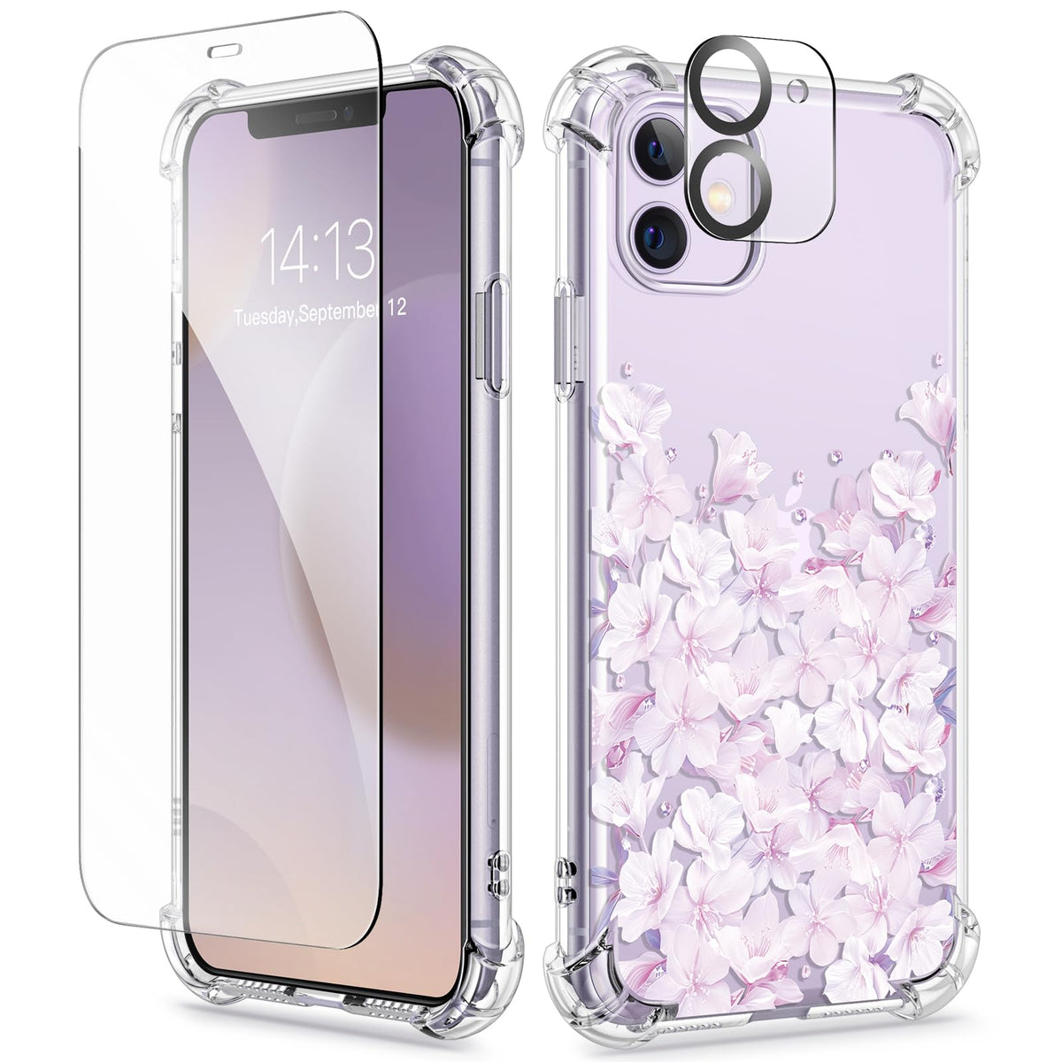 GVIEWIN for iPhone 14 Case Floral, Screen Protector & Camera Lens Protector