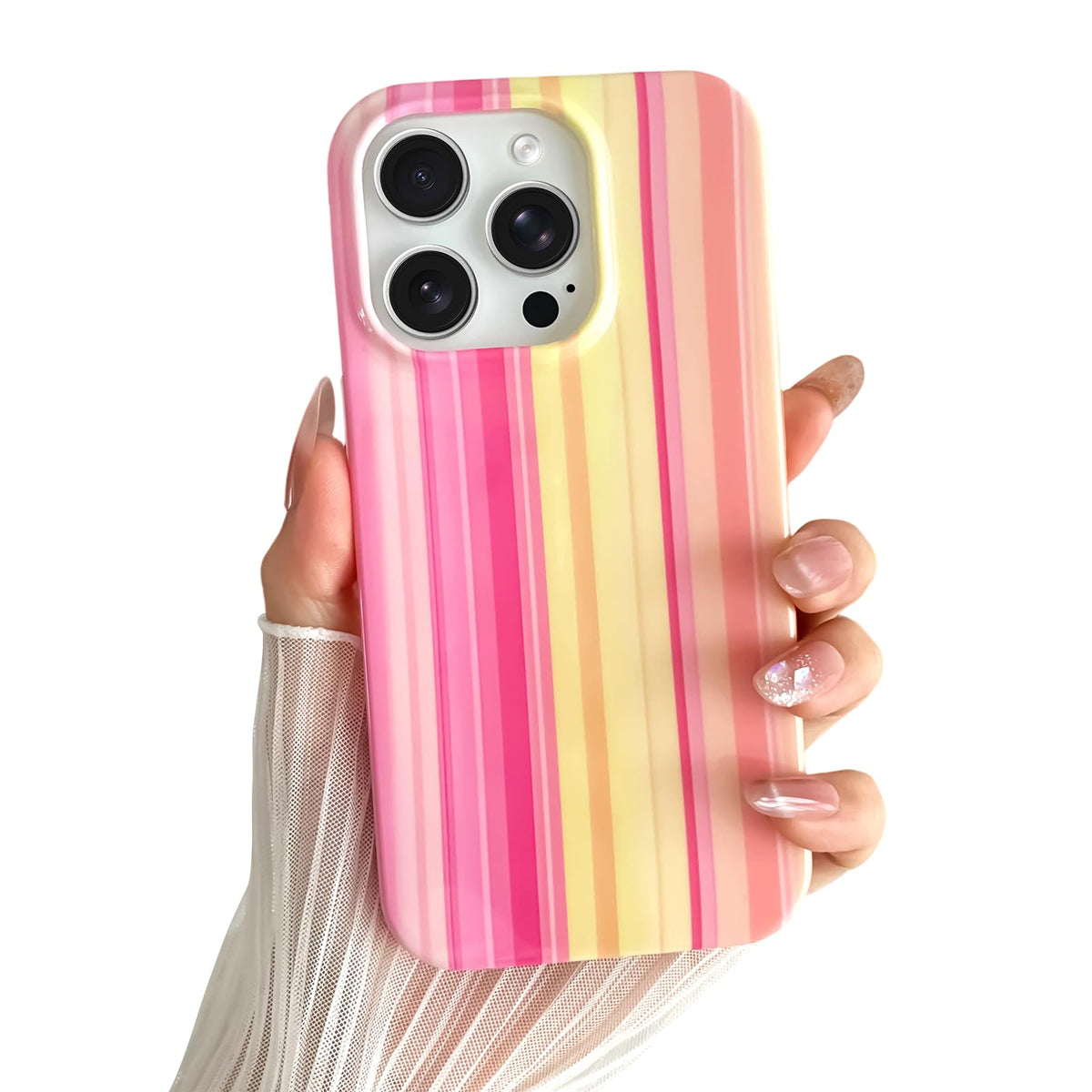 Yeddabox for iPhone 16 Pro Case Cute Striped Phone Case Soft TPU Slim Shockproof Phone Cover for Women Girls, Pink and Yellow