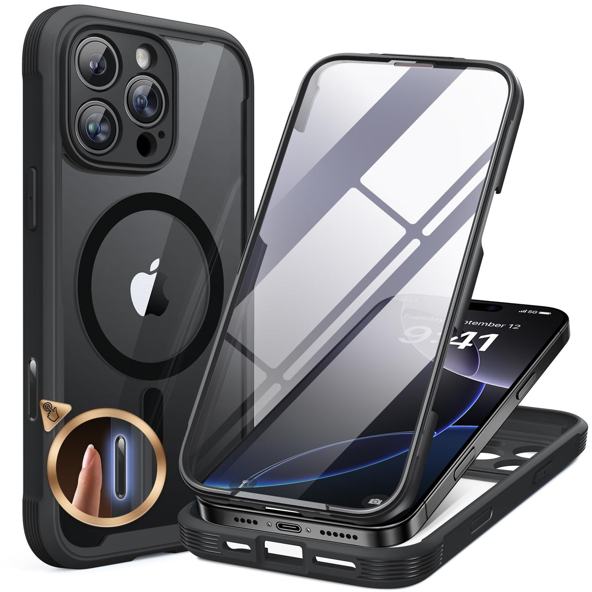 Miracase Magnetic for iPhone 15 Pro Max Case 6.7'' [Compatible with Magsafe] Full-Body Drop Proof Bumper Phone Case for iPhone 15 Pro Max with Built-in 9H Tempered Glass Screen Protector,Black