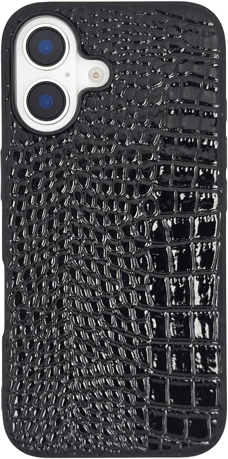 Compatible with iPhone 16 Pro Max Case for Women, Crocodile Synthetic Patent Leather Cover, Classic Fashion for iPhone16 Pro Max 2024 6.9 Inch - Black