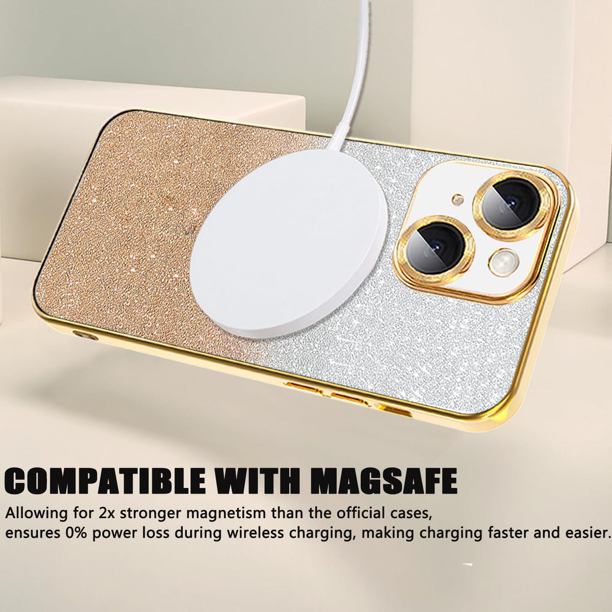 Misscase for iPhone 14 Magnetic Glitter Case Compatible with MagSafe,Full Protection Slim Shockproof Anti-Scratch Case with Camera Lens Protector Logo View Dust-Proof Net for Women Gold