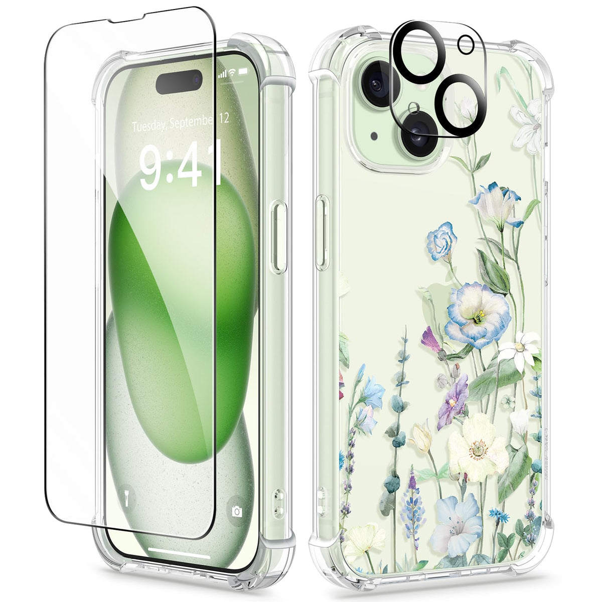 GVIEWIN for iPhone 14 Case Floral, Screen Protector & Camera Lens Protector