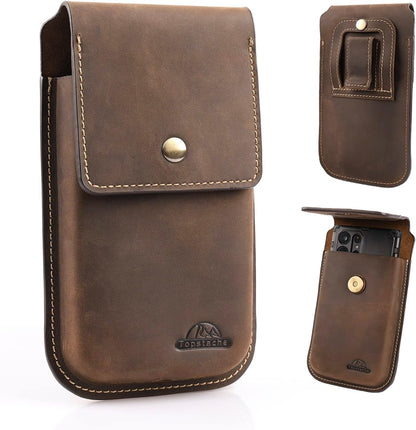 Topstache Leather Phone Holster for iPhone 17/16/15/14/13 Pro Max & Plus - Belt Clip Cell Phone Case for Galaxy S25/S24/S23 Ultra & Plus - Leather Belt Holder Pouch for Men, XL,Darkbrown