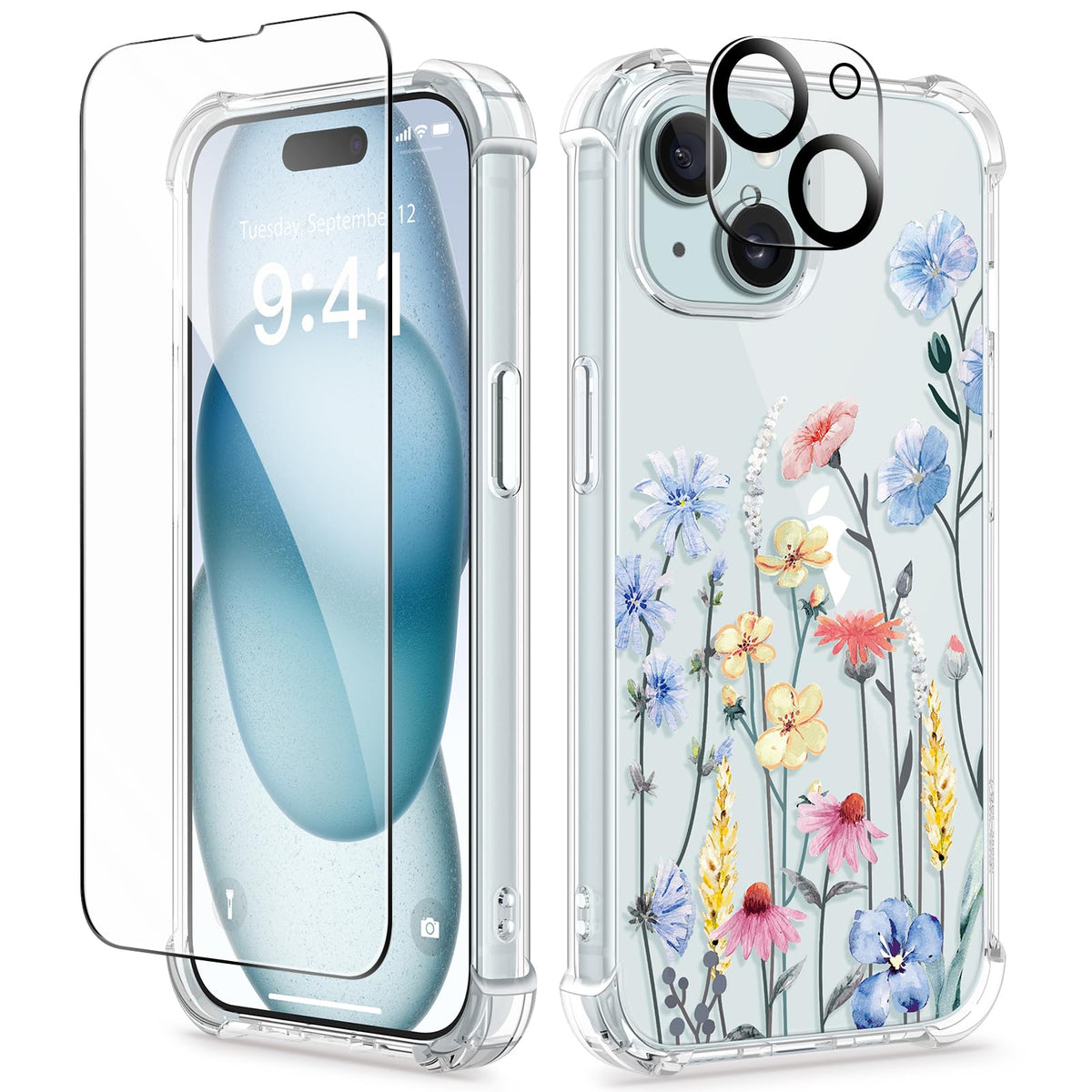 GVIEWIN for iPhone 14 Case Floral, Screen Protector & Camera Lens Protector