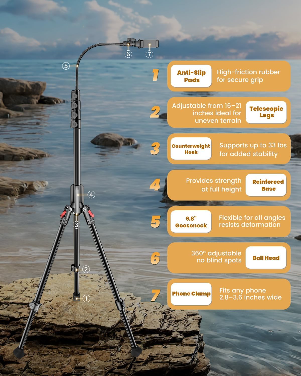 CAMBOFOTO 84" Phone Tripod, Tall Tripod for iPhone with Gooseneck & Remote