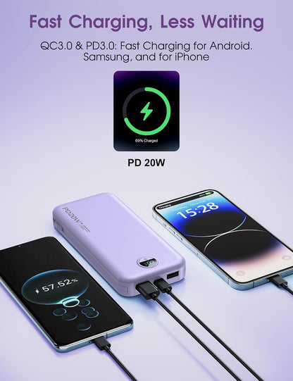citicr Portable Charger 10000mAh PD20W w/Built-in Cables & Wall Plug Purple