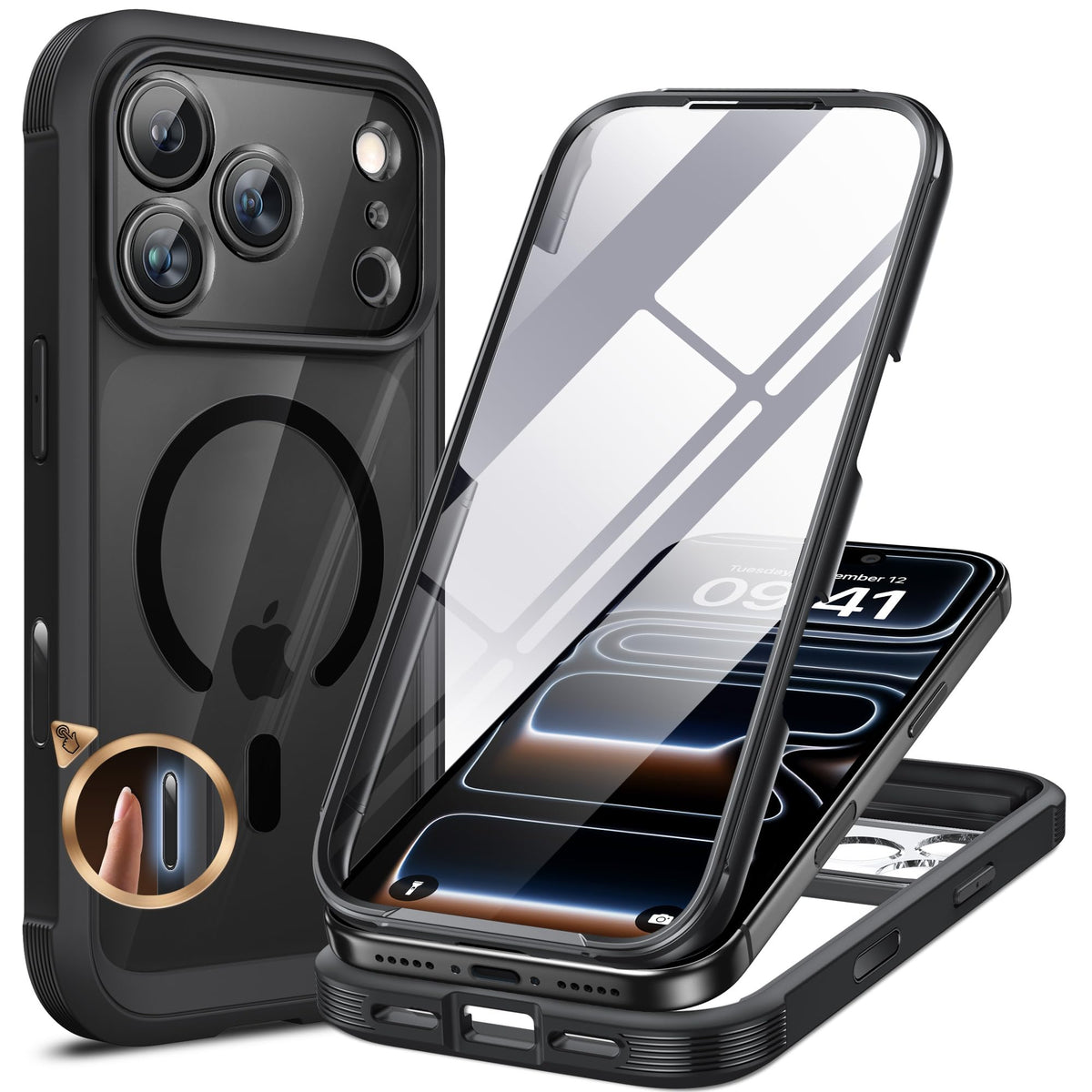 Miracase Magnetic for iPhone 15 Pro Max Case 6.7'' [Compatible with Magsafe] Full-Body Drop Proof Bumper Phone Case for iPhone 15 Pro Max with Built-in 9H Tempered Glass Screen Protector,Black