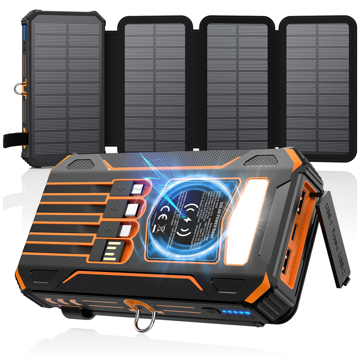SOARAISE Solar Power Bank 48000mAh Wireless Portable Charger with 4 Cables