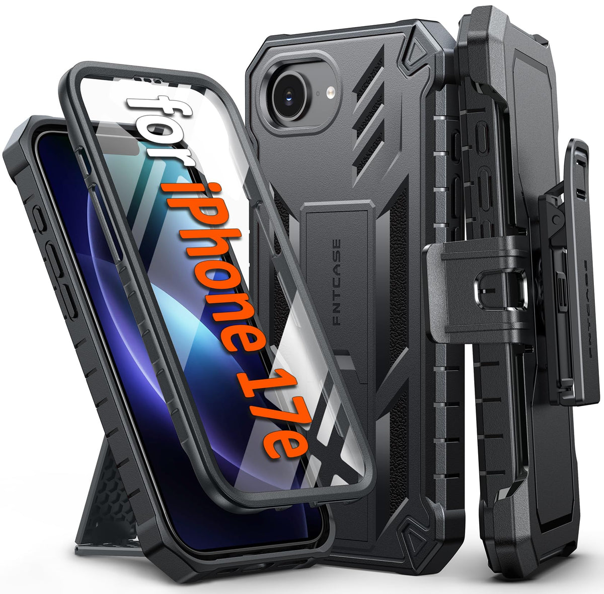 FNTCASE for iPhone 17e Case with Built-in Screen Protector and Kickstand