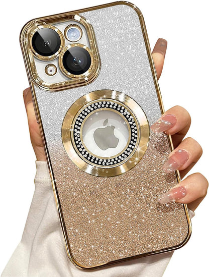 Misscase for iPhone 14 Magnetic Glitter Case Compatible with MagSafe,Full Protection Slim Shockproof Anti-Scratch Case with Camera Lens Protector Logo View Dust-Proof Net for Women Gold