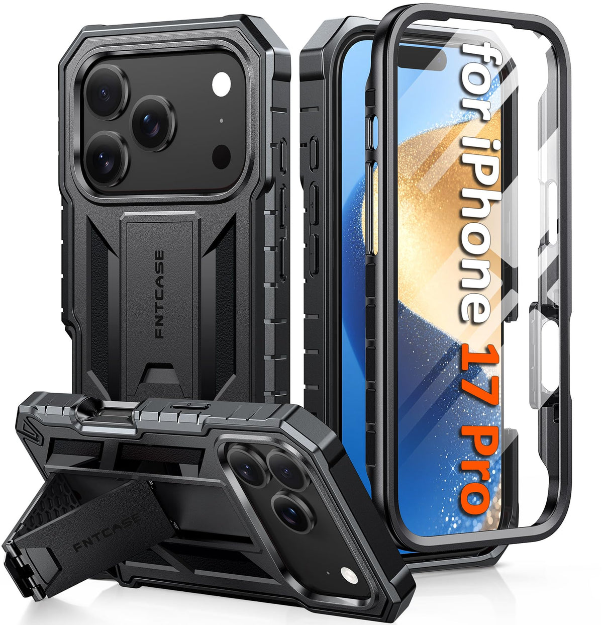 FNTCASE for iPhone 17e Case with Built-in Screen Protector and Kickstand